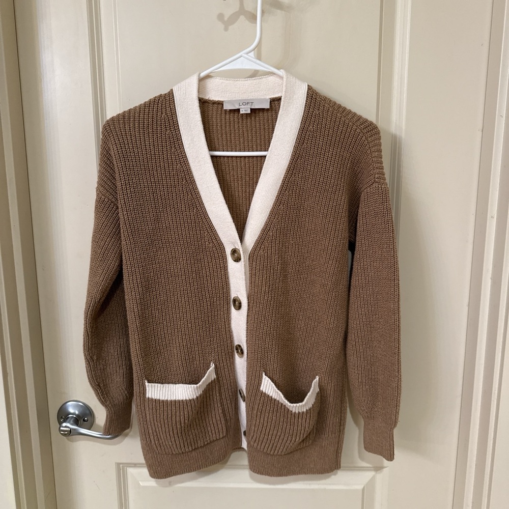 LOFT Women's Tan Cardigan with Cream Trim